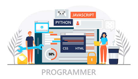 Web developer concept vector for landing page. Programmer constructs website and writes code....