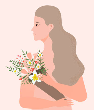 Silhouette girl profile concept vector. Woman with long hair and holding a bouquet of tropical flowers. Love yourself illustration. Valentine or woman s day invitation posterのイラスト素材