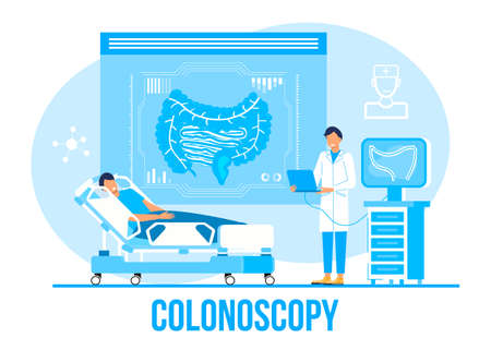Colonoscopy concept vector for medical web. app. blog. Intestine doctors examine, treat dysbiosis. Tiny therapist of proctology make colonoscopy. Proctologist.のイラスト素材