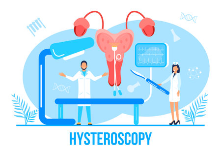 Hysteroscopy of uterus, womb concept vector. Endometriosis, endometrium dysfunctionality, removal of polyps are shown. Tiny doctors examine uterus.のイラスト素材