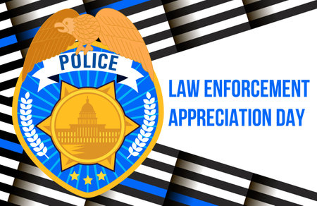 Law Enforcement Appreciation Day is celebrated in USA on January 9th each year. Police department badge, sheriff shield is shown. Flat vector with for flyer, card, web, banner, emblem.のイラスト素材