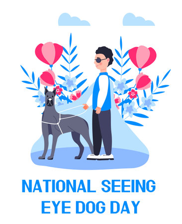 National seeing eye dog day concept vector. Event is celebrated in 29th January. Blind man with guide dog illustration for banner, webのイラスト素材