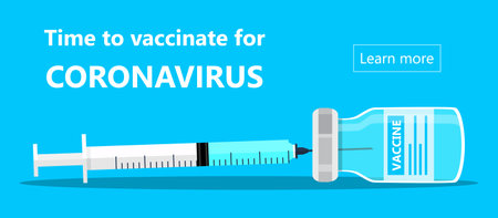 Coronavirus vaccination concept vector. Covid-19 vaccine bottle and syringe injection tool illustration in flat style. Immunization treatment banner for medical website.のイラスト素材
