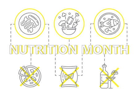 National Nutrition Month concept vector. Event is celebrated every March. Healthy and unhealthy food are shown. Sausage with pasta and mushrooms on a plate. Cauliflower, peppers, carrots, vegetables.のイラスト素材