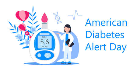 American Association Diabetes Alert Day concept vector in flat style. Event is observed annually on the fourth Tuesday in March. Doctor and glucose meter are shownのイラスト素材