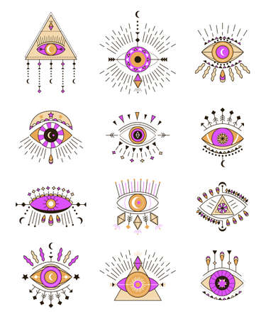 Evil eye icon vector set. Eye of providence and esoteric symbols. Magic signs for tarot cards. Witchcraft talisman, alchemy and magic tattoo illustration in line style.のイラスト素材