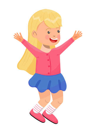 Happy school kid jumping. Cartoon character has fun, runs, jumps, plays. Girl illustration vector isolatedのイラスト素材