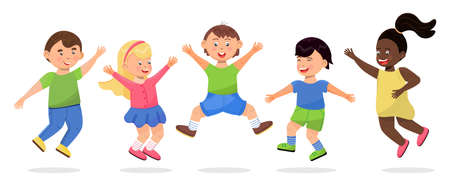 Happy school kids jumping. Cartoon children has fun, runs, jumps, plays. Boys and girls illustration vector isolated on white background. Diversity society, friendship, classmatesのイラスト素材