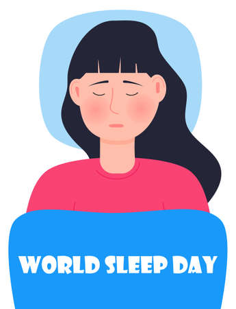 World sleep day concept vector. Beautiful woman is sleeping in bed. Sweet, health dreams illustration.のイラスト素材