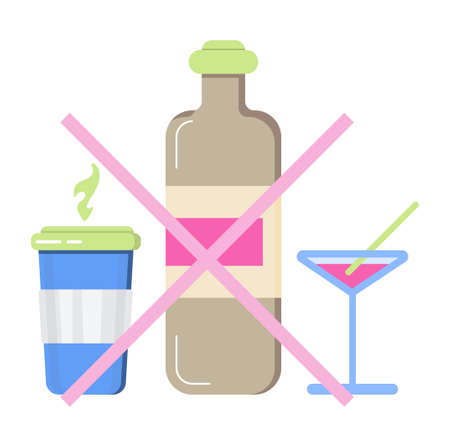No alcohol sign concept vector. No coffee and no junk food in heath life. Diet tips for patient. Glass, wine bottle are shown. Stop drink icon.のイラスト素材