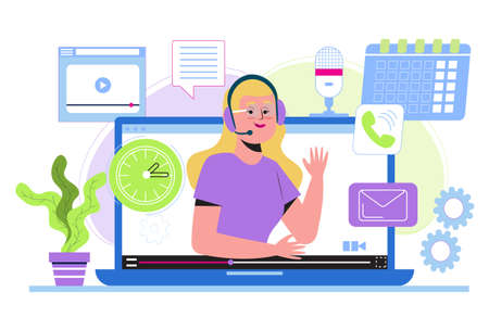 Technical support or call center concept vector. Hotline in company. 24 on 7 manager working. Online interview or remote class, distant tutorial, video blogger conductingのイラスト素材