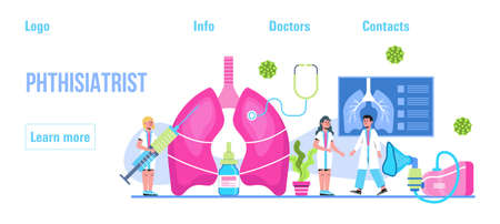 Pulmonologist, phthisiologist concept vector for the landing page, header. Scene of pulmonary fibrosis, tuberculosis, pneumonia, lung diagnosis x-ray machine, tiny doctors scan lungs.のイラスト素材