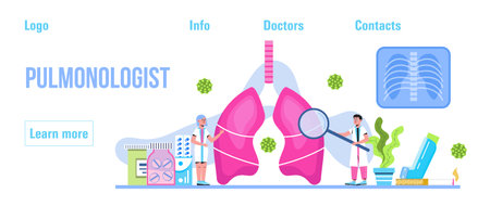 Pulmonologist, phthisiologist concept vector for the landing page, header. Scene of pulmonary fibrosis, tuberculosis, pneumonia, lung diagnosis x-ray machine, tiny doctors scan lungs.のイラスト素材