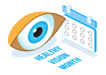 Healthy vision month concept isometric vector. Medical ophthalmologist eyesight check up illustration. Eye illustration for health care web banner, post.のイラスト素材