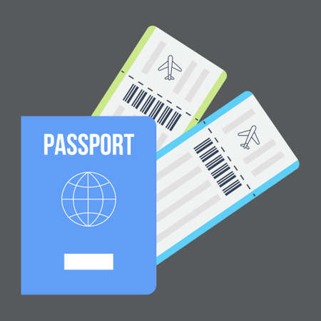 Passport with airline tickets. Boarding icon vector. Travel symbol, pass document on airplane. Blank of jet ticket.のイラスト素材