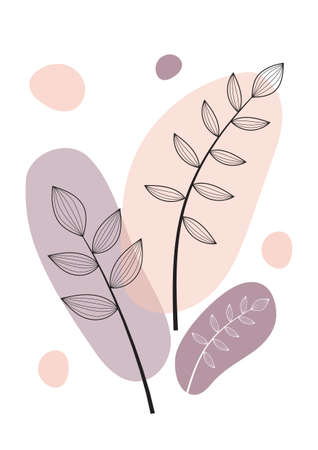 Abstract one line art leaf. Botanical prints boho vector set for wall art. Bohemian style with line art foliage. Minimalist abstract plant branch art boho design for cover, poster, wallpaper.のイラスト素材