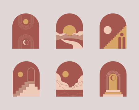Moroccan stairs, arch, walls, arc set vector. Architecture elements in boho style. Tunisian, Algerian trendy abstract print. Bohemian sun, moon, lines, doors. Contemporary aesthetic for wall art.のイラスト素材