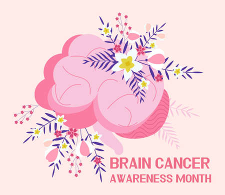 Brain cancer awareness month concept vector. Medical event is celebrated in May. Neurosurgeon template for medical landing page. Brain on boho floral background.のイラスト素材