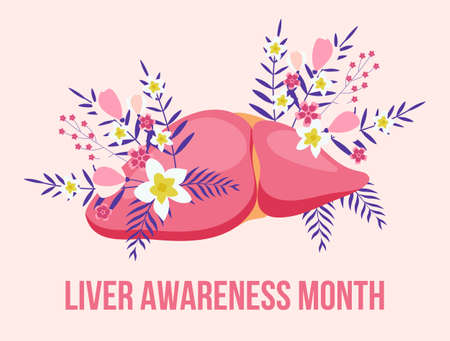 Liver awareness moth concept vector. Medical event is celebrated in October. Tiny doctors treat the liver. Trendy boho flower background is presented.のイラスト素材
