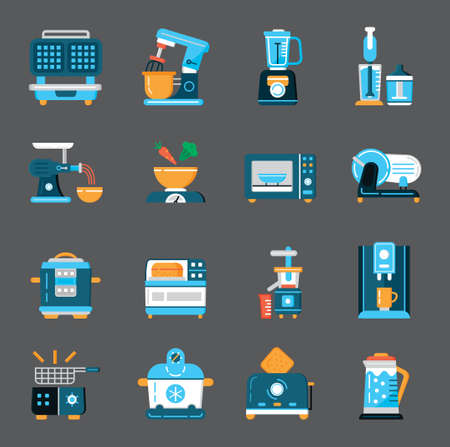 Kitchen small appliances icons flat set vector. Household tools symbol for app, web. Cooking equipment are shown meat grinder, blender, coffee machine, microwave, toaster, multicooker.のイラスト素材