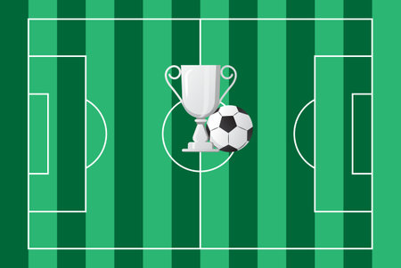 Silver cup soccer, ball vector on green football field. Tournament, champion prize are shown. The achievement award symbol. Congratulations on winning the game. Leadership, winner celebration.のイラスト素材