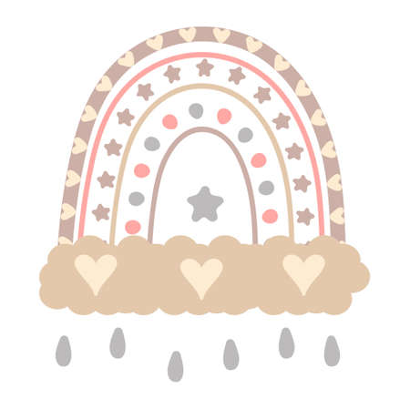 Boho cute rainbow vector in pastel colors. Baby absract rainbows with drops, heart, stars, cloud isolated on white background. Printable poster illustration for kids.のイラスト素材