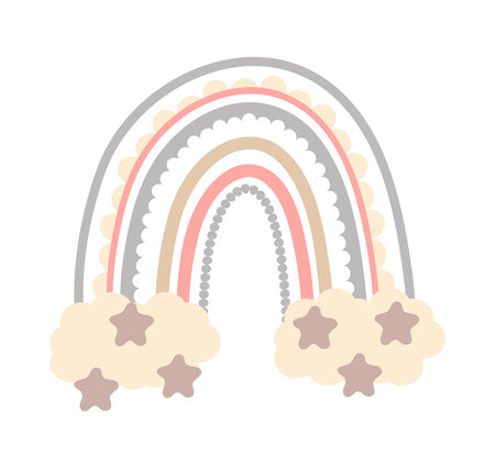 Boho cute rainbow vector in pastel colors. Baby absract rainbows with drops, heart, stars, cloud isolated on white background. Printable poster illustration for kids.のイラスト素材