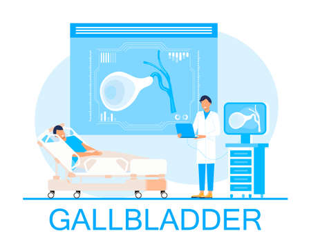 Gallbladder concept vector. Doctors treat gallstones. Biliary dyskinesia ptoblems. Web, landing page template for medical website, banner. Medical supplies and pills are shown.のイラスト素材