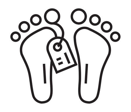 Morgue icon in thin line style. Bare feet with a tag. A dead man is lying in a morgue, a funeralのイラスト素材