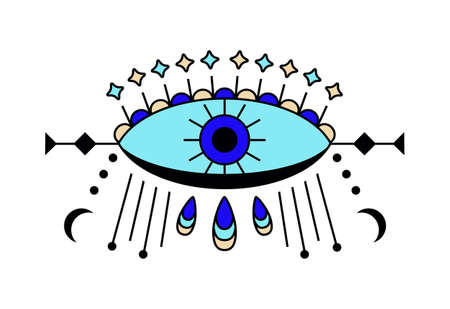 Evil eye icon vector. Colorful Eye of providence and esoteric symbols. Magic signs for tarot cards. Witchcraft talisman, alchemy and magic tattoo in line style. Lucky souvenir collection.のイラスト素材
