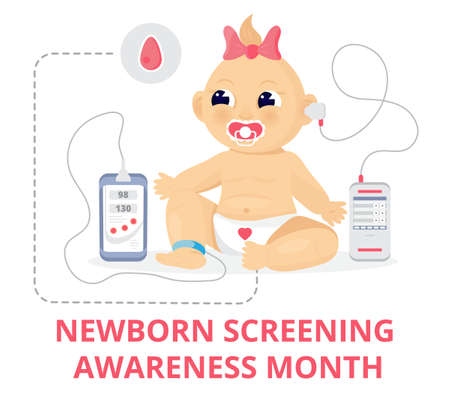 Newborn screening awareness month concept vector. Heel stick and blood drop test, hearing screen, and pulse oximetry are shown for baby. Medical event is celebrated in September.のイラスト素材