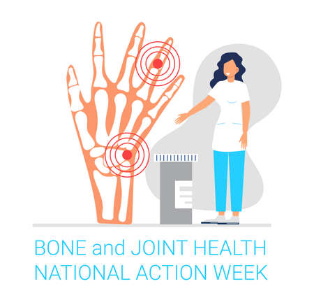 Bone and joint health national action week concept vector. Rheumatoid arthritis. Tiny doctor treat rheumatism, osteoarthritis.のイラスト素材