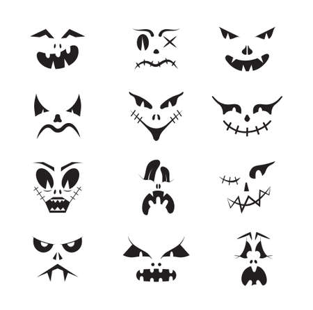 Scary Halloween faces vector set. Halloween pumpkin or ghost grimaces. Terrible eyes and mouth with a silhouette style. Emotions of skeletons for makeup, a night party.のイラスト素材