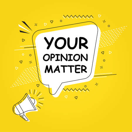 Your opinion matter in bubble vector on bright yellow background. Comic speech bubble. Cartoon comic explosion. Colorful speech balloon with megaphone. Massages and talk signs for app, web.のイラスト素材