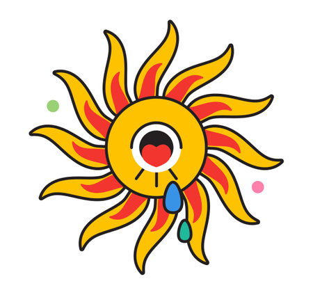 Crazy face sticker vector. Abstract comic character with big angry eye in trendy hand drawn style. Cute funny face for social net in bright colors.のイラスト素材