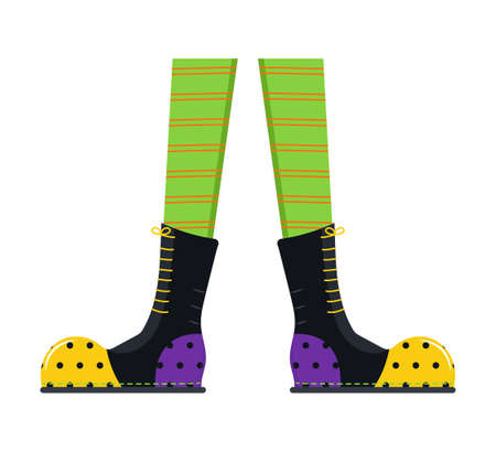 Witches leg vector. Halloween funny, scary feet boots. Vintage, colorful stockings of witch. Comic striped socks of clown. Boo, Halloween party invitation sign.のイラスト素材