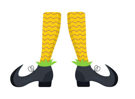 Witches leg vector. Halloween funny, scary feet boots. Vintage, colorful stockings of witch. Comic striped socks of clown. Boo, Halloween party invitation sign.のイラスト素材