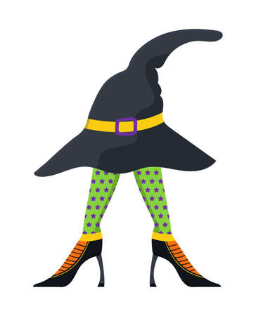 Witches leg vector. Halloween funny, scary feet boots. Vintage, colorful stockings of witch. Comic striped socks of clown. Boo, Halloween party invitation sign.のイラスト素材
