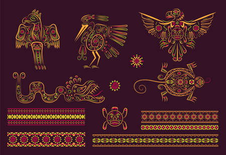Latino American poncho ornament vector for greeting card. Parrot, cockatoo, eagle, toucan...