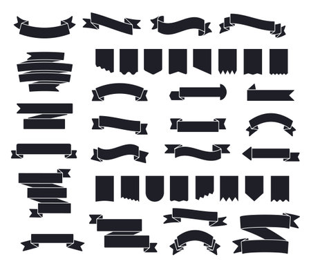 Retro black ribbons set vector. Silhouette labels, price tags, banners for bookmark, vintage ribbon, retro strap, band isolated set of vector is presented.のイラスト素材