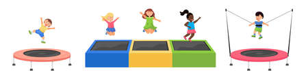 Kid jumping on trampoline. Children leisure, kids zone, active rest for little girl and boy. Vector illustration set of playroom, bounce house for child.のイラスト素材