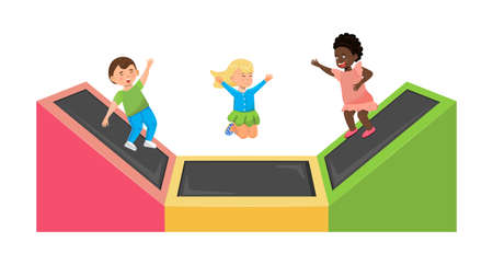 Kid jumping on trampoline. Children leisure, kids zone, active rest for little girl and boy. Vector illustration set of playroom, bounce house for child.のイラスト素材