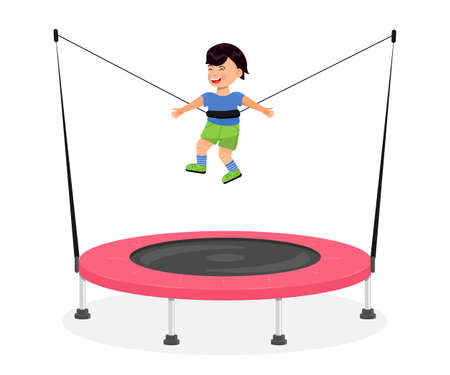 Kid jumping on trampoline. Children leisure, kids zone, active rest for little girl and boy. Vector illustration set of playroom, bounce house for child.のイラスト素材