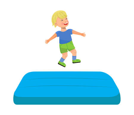 Kid jumping on trampoline. Children leisure, kids zone, active rest for little girl and boy. Vector illustration set of playroom, bounce house for child.のイラスト素材