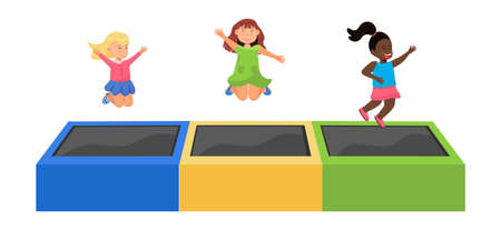 Kid jumping on trampoline. Children leisure, kids zone, active rest for little girl and boy. Vector illustration set of playroom, bounce house for child.のイラスト素材