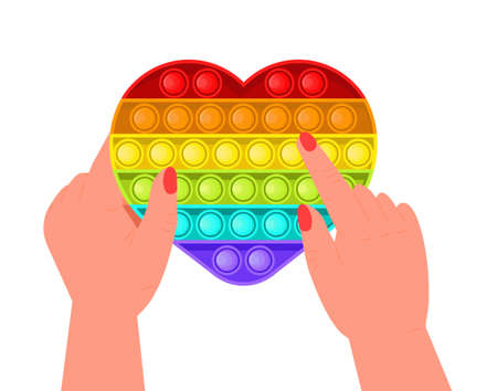 antistressor toy vector in flat style. Trendy sensory playthings. Colorful hand toy for children, push bubbles for enjoy. Anti stress kid game. Kids hands holding silicone bubblesのイラスト素材