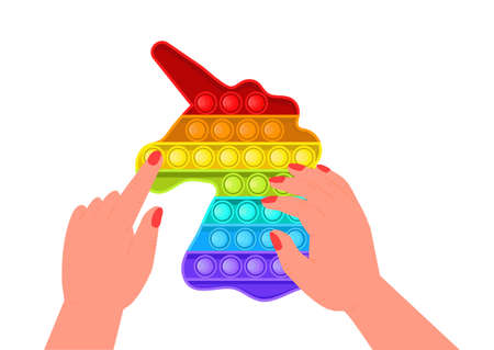 antistressor toy vector in flat style. Trendy sensory playthings. Colorful hand toy for children, push bubbles for enjoy. Anti stress kid game. Kids hands holding silicone bubblesのイラスト素材