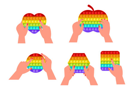 antistressor toy vector set in flat style. Trendy sensory playthings. Colorful hand toy for children, push bubbles for enjoy. Anti stress kid game. Kids hands holding silicone bubblesのイラスト素材