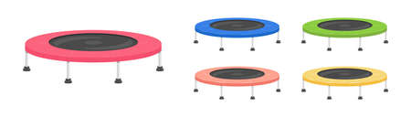 Jumping, colorful trampoline vector. Trampoline, bounce house set for children and adults. Outdoor fitness jumping exercises.のイラスト素材