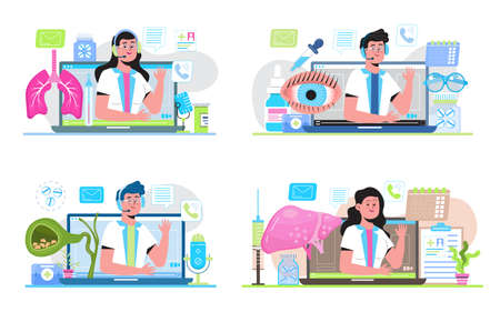 Hepatologist online consultation concept vector. Eye doctor, oculist consultation. Glaucoma treatment. Tuberculosis specialist online consultation. Biliary dyskinesia ptoblems.のイラスト素材
